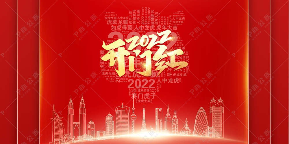 红色简约2022年虎年新年开门红城市背景