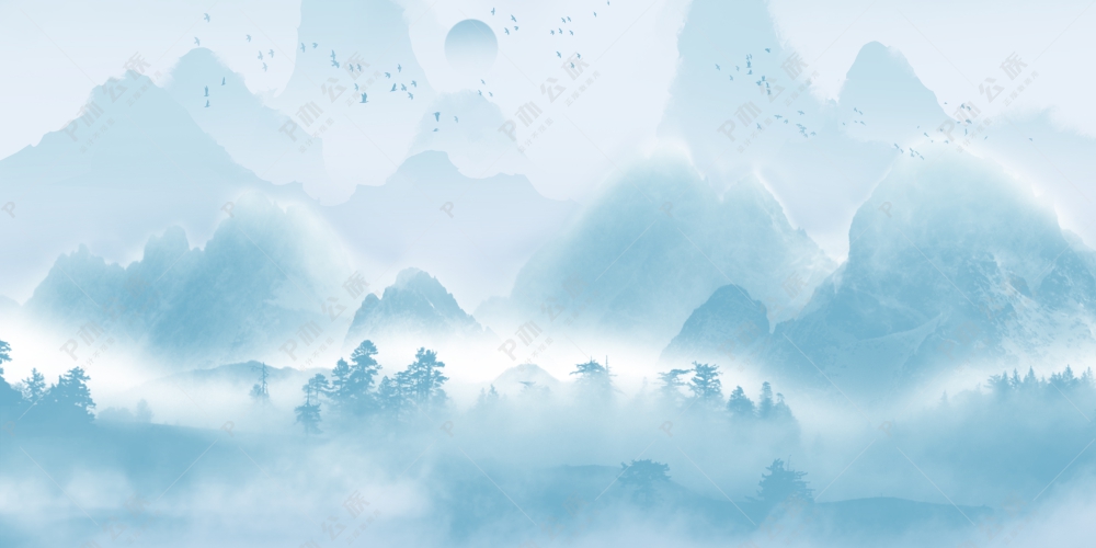 蓝色简约中国风山水画背景