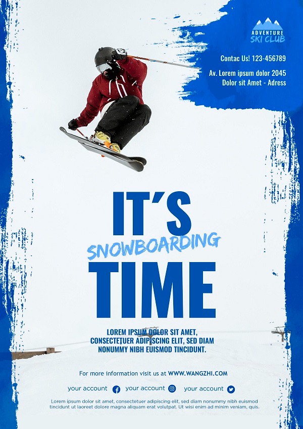蓝色极简风滑雪运动宣传单设计