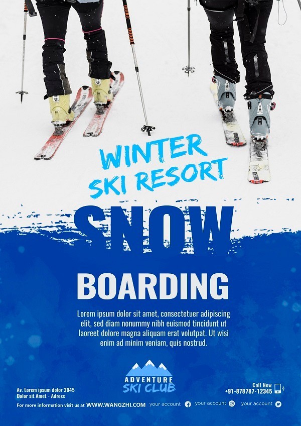 简约清新冬季滑雪运动宣传单设计