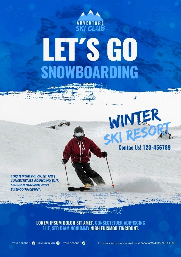 简约时尚冬季滑雪运动传单广告设计